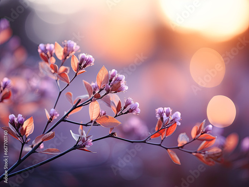 A soft  bright  shiny style with yellow and orange bokeh circles enhances the blurred and natural abstract of purple and violet light leaves  making it an 