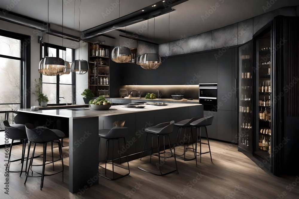 contemporary kitchen in a modern style, wooden floor, dark grey interior. 