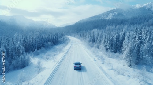 Concept of auto travel during winter holiday season. One blue car is driving on snow along mountain road near forest. Aerial view. Road trip journey. Generative AI. Drone landscape.