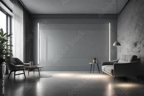 Illuminated and empty living room in grey color