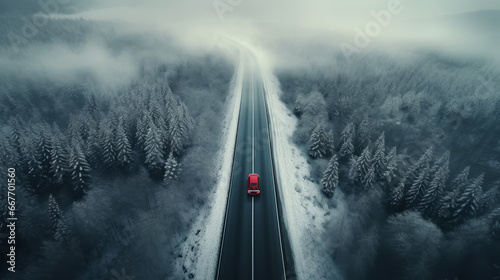 Concept of auto travel during winter holiday season. One red car is driving on snow along mountain road near forest. Aerial view. Road trip journey. Generative AI. Drone landscape.