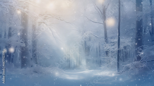 Winter landscape: fir trees, snow, snowstorm. Christmas card.
