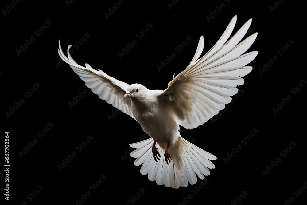 Fototapeta premium White bird with open wings flying on black background.