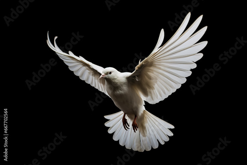 White bird with open wings flying on black background.
