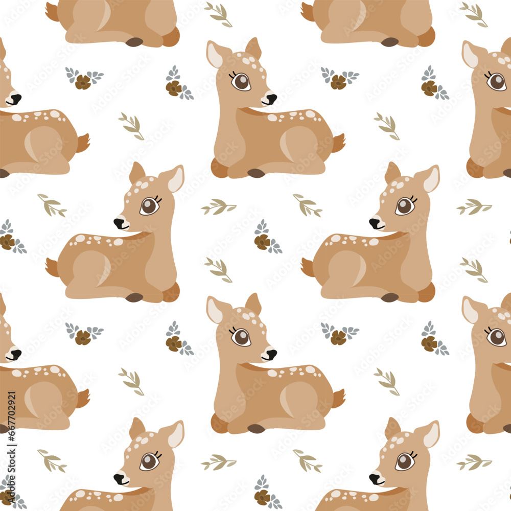 Naklejka premium Seamless pattern, cute little deer on a background with flowers. Kawaii forest animals, background, vector