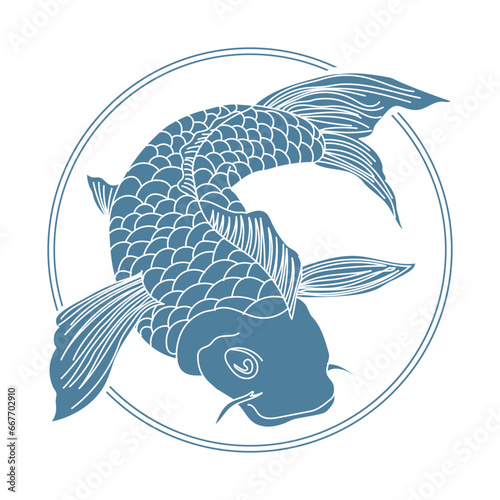 Drawn detailed catfish fish in a circle. Illustration, icon, logo, vector