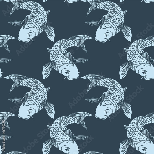 Seamless pattern, drawn catfish fish on a blue water background. Print, background, vector