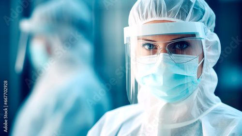 Young female doctor in a green uniform with surgical cap and protection mask, close up portrait, horizontal background. Prevention of Covid-19. AI Generated photo