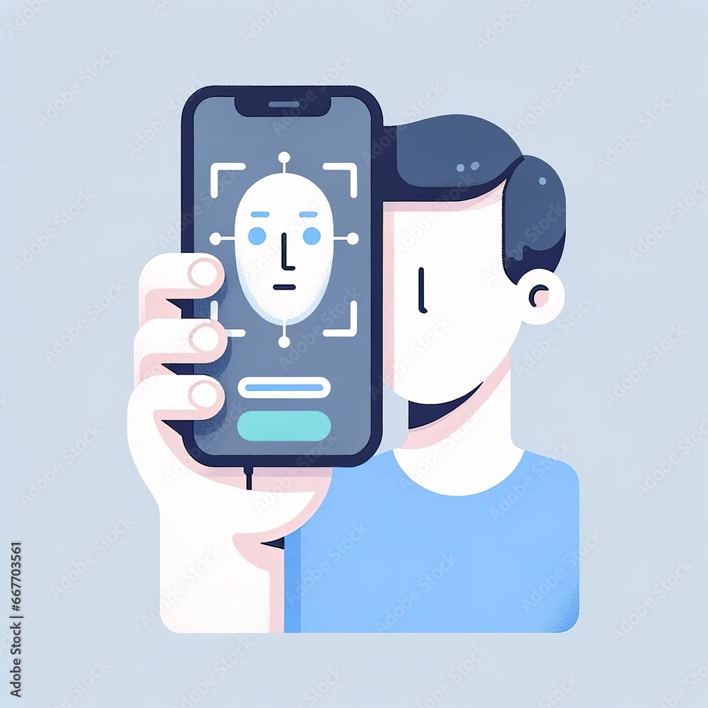 Digital Identity: Man Using Smartphone for Facial Recognition in a Flat Illustration Digital Identity: Man Using Smartphone for Facial Recognition in a Flat Illustration