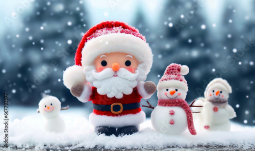Cute toy character of Santa Claus and snowman, in the white winter snow, Christmas celebration seasons greeting, happy jolly, new year festival, kids toy © Darr.di
