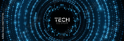 Technology futuristic background. Digital circles of glowing particles with circuit board frame. Vector illustration.