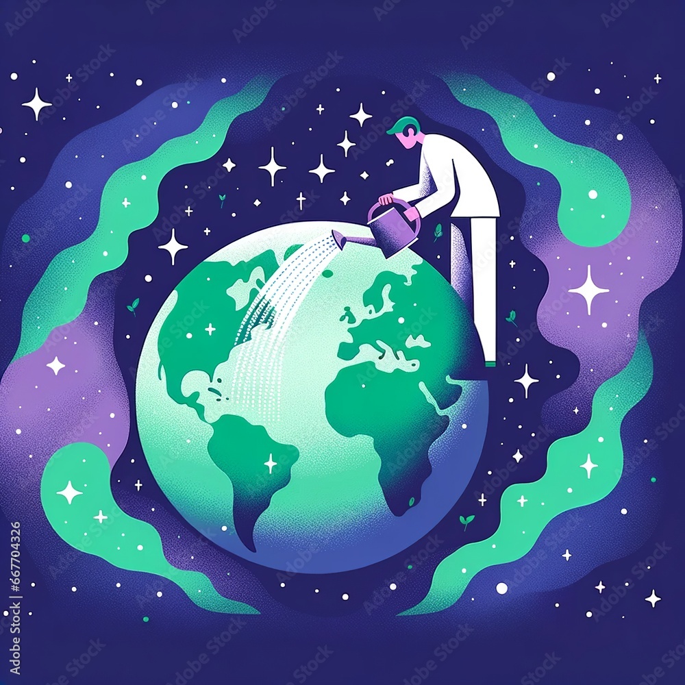 Naklejka premium Cosmic Caretaker: Holding Earth Amidst Celestial Backdrop