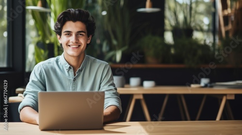 Smiling Teen Latino Man with Brown Straight Hair Photo. Portrait of Business Person in the office in front of laptop. Photorealistic Ai Generated Horizontal Illustration. photo