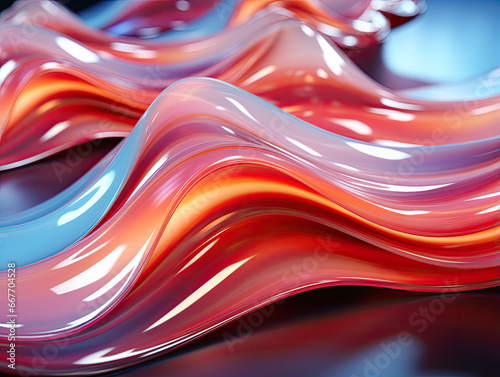 Iridescent design element for banner background or wallpaper in a 3D render abstract background. Transparent glossy glass ribbon on water, featuring holographic curved waves in motion.