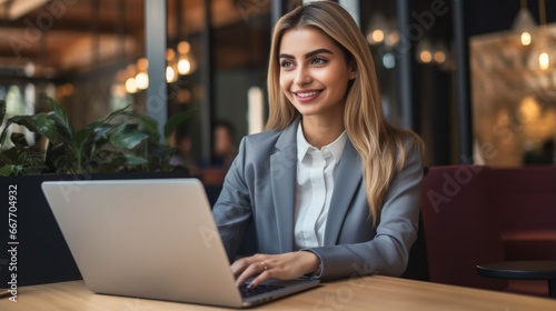 Smiling Teen Persian Woman with Blond Straight Hair Photo. Portrait of Business Person in the office in front of laptop. Photorealistic Ai Generated Horizontal Illustration.