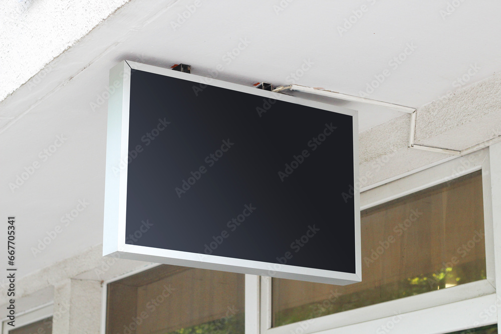 Street storefront shop, cafe, restaurant mounted signboard mock up design template. Blank dark store sign design mockup. Street storefront shop, cafe, restaurant mounted signboard mock up design template. Blank dark store sign design mockup.