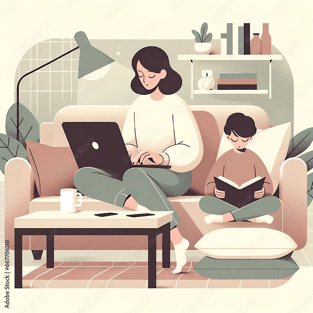 Fototapeta premium Tranquil Family Time: Woman Working and Child Reading Indoors