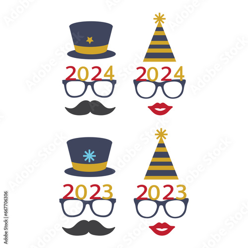 Party glasses and greetings decorated with a hat and stars, ready to be used in New Year's Eve party for 2023, 2024.