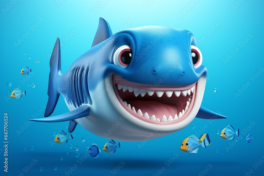 Cartoon shark with fish isolated on blue background Cartoon shark with fish isolated on blue background