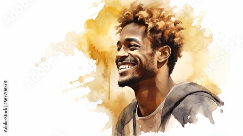Smiling Adult Black Man with Blond Curly Hair Watercolor Illustration. Portrait of Casual Person on white background with copy space. Photorealistic Ai Generated Horizontal Illustration.