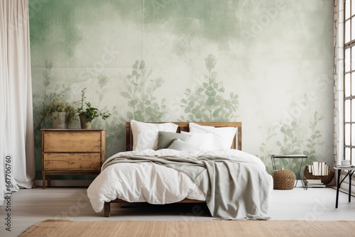A Cozy Bedroom With a Refreshing Green Wall and a Comfortable Bed © Nedrofly