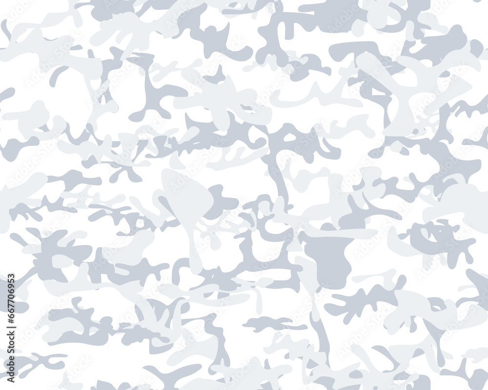 Fabric Abstract Background. Dirty Camo Paint. Military Camo Paint. Snow Seamless Brush. Repeat Blue Pattern. Winter Camouflage. Woodland Vector Camouflage. Army White Grunge. Gray Vector Pattern.