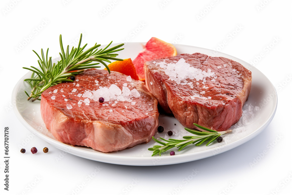 Raw beef steak with rosemary and spices isolated on white background.