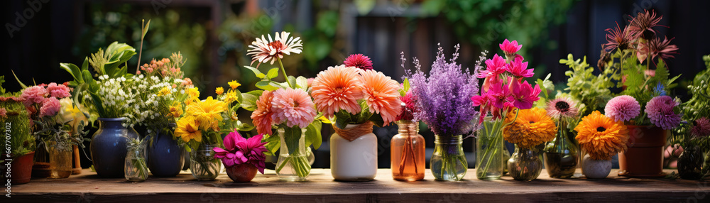 custom made wallpaper toronto digitalrow of various flowers on wooden table, generative ai