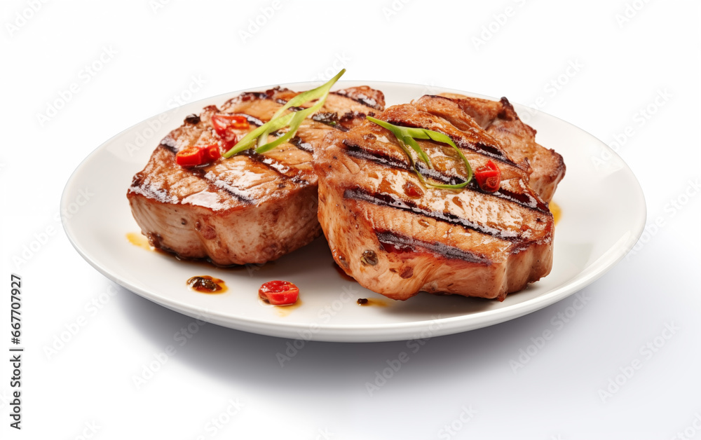 Grilled pork or beef steaks with chilli Isolated on White background generation of AI