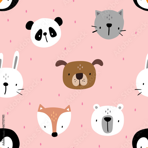cute hand drawn baby animals on a pink background with kitten  fox  penguin  dog  hare  panda bear  kids scandinavian seamless pattern for textile