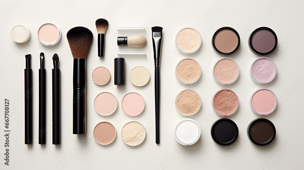A toip view of curated collection of makeup essentials, showcasing a range of neutral shades and tools on a light backdrop. A toip view of curated collection of makeup essentials, showcasing a range of neutral shades and tools on a light backdrop.