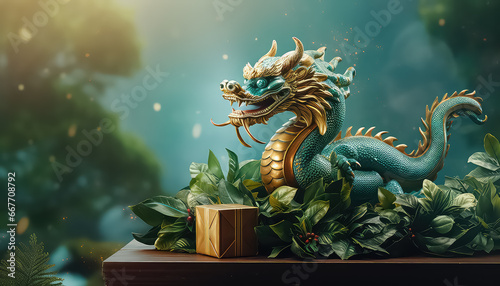Green Chinese dragon sitting on gift, new year concept © terra.incognita