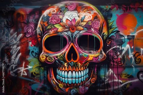 vibrant graffiti wall backdrop depicting a skull. Generative AI