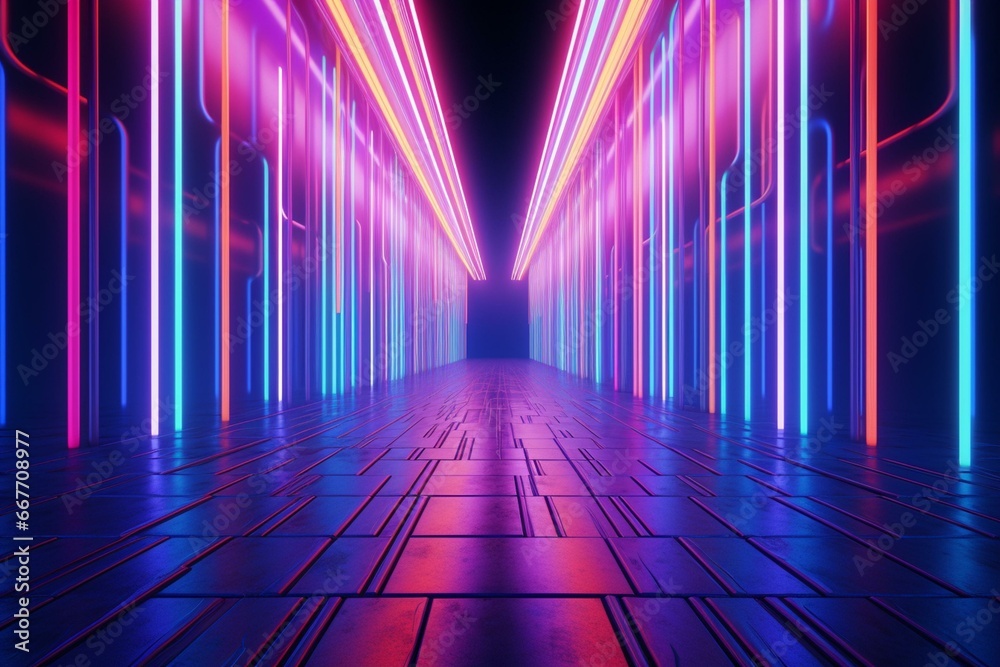 Vibrant illuminated passageway with streaks of purple, blue, and pink; a simulated 3D representation. Generative AI - obrazy, fototapety, plakaty 