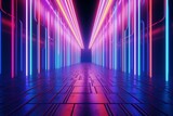 Vibrant illuminated passageway with streaks of purple, blue, and pink; a simulated 3D representation. Generative AI