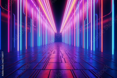 Vibrant illuminated passageway with streaks of purple, blue, and pink; a simulated 3D representation. Generative AI