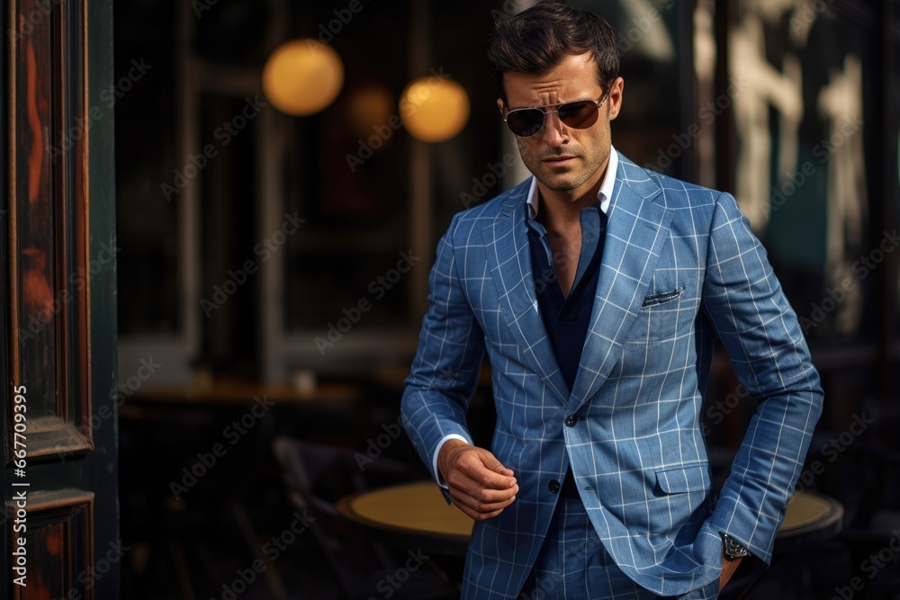 A Stylish Gentleman in a Sharp Blue Suit and Cool Sunglasses A Stylish Gentleman in a Sharp Blue Suit and Cool Sunglasses