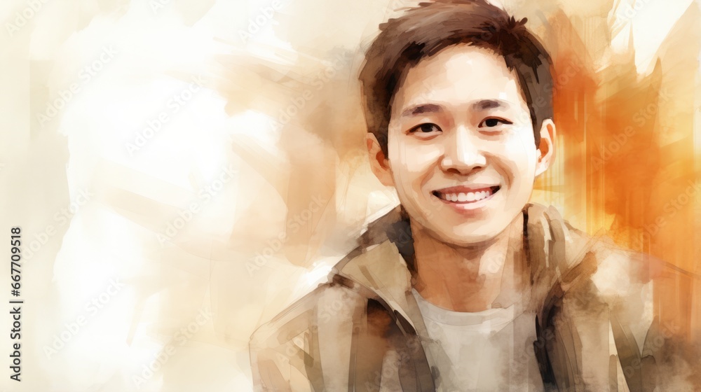 Smiling Adult Chinese Man with Brown Straight Hair Watercolor Illustration. Portrait of Casual Person on white background with copy space. Photorealistic Ai Generated Horizontal Illustration. Smiling Adult Chinese Man with Brown Straight Hair Watercolor Illustration. Portrait of Casual Person on white background with copy space. Photorealistic Ai Generated Horizontal Illustration.