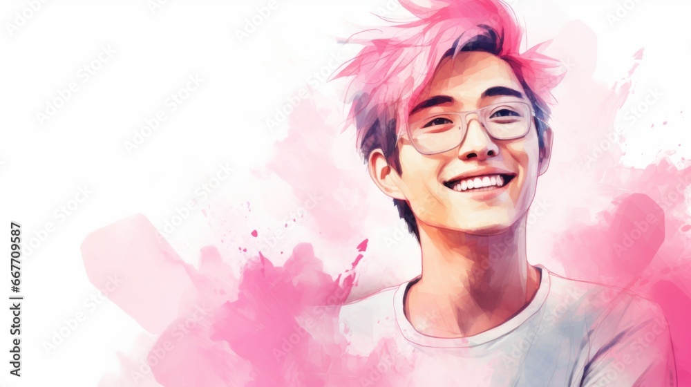 Smiling Adult Chinese Man with Pink Straight Hair Watercolor Illustration. Portrait of Casual Person on white background with copy space. Photorealistic Ai Generated Horizontal Illustration.