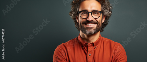 Selbstbewusster Mann mit Brille zeigt Erfolg photo