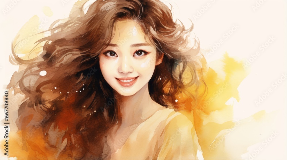 Smiling Adult Chinese Woman with Brown Curly Hair Watercolor Illustration. Portrait of Casual Person on white background with copy space. Photorealistic Ai Generated Horizontal Illustration. Smiling Adult Chinese Woman with Brown Curly Hair Watercolor Illustration. Portrait of Casual Person on white background with copy space. Photorealistic Ai Generated Horizontal Illustration.