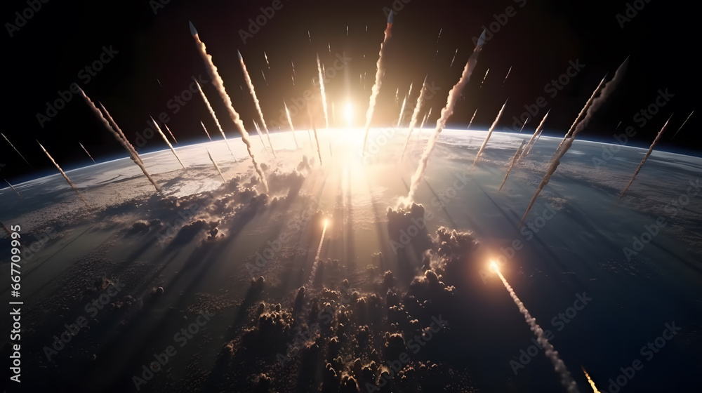 Hypersonic missiles or rockets over the apocalyptic Earth. Blue Moon in the sky. Elements of this image furnished by NASA - obrazy, fototapety, plakaty 