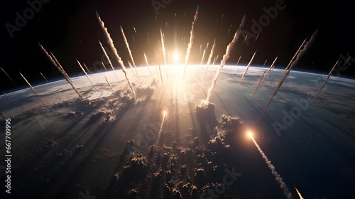 Hypersonic missiles or rockets over the apocalyptic Earth. Blue Moon in the sky. Elements of this image furnished by NASA photo