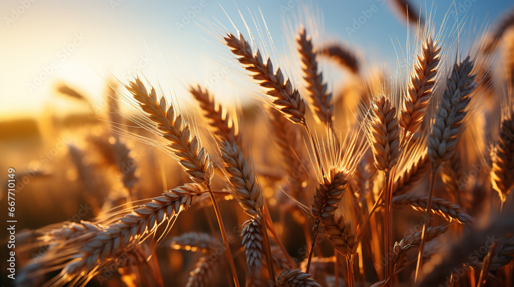 Golden Ripe Ears of Wheat at Sunset Rays of Sunshine Selective Focus Background