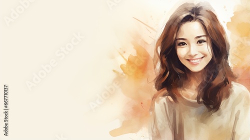 Smiling Adult Chinese Woman with Brown Straight Hair Watercolor Illustration. Portrait of Casual Person on white background with copy space. Photorealistic Ai Generated Horizontal Illustration.