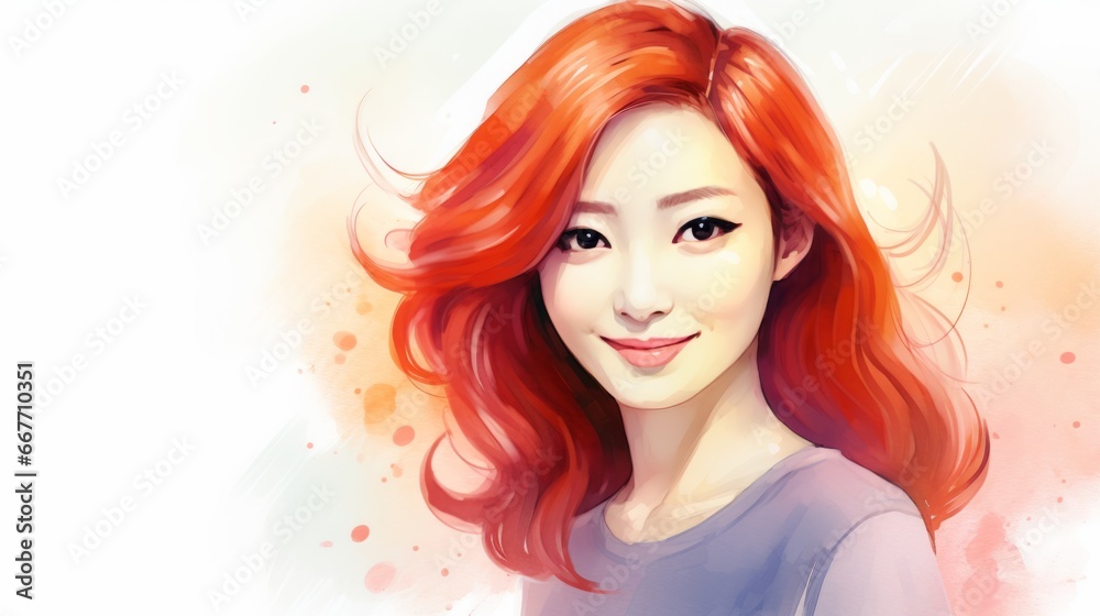 Smiling Adult Chinese Woman with Red Straight Hair Watercolor Illustration. Portrait of Casual Person on white background with copy space. Photorealistic Ai Generated Horizontal Illustration.