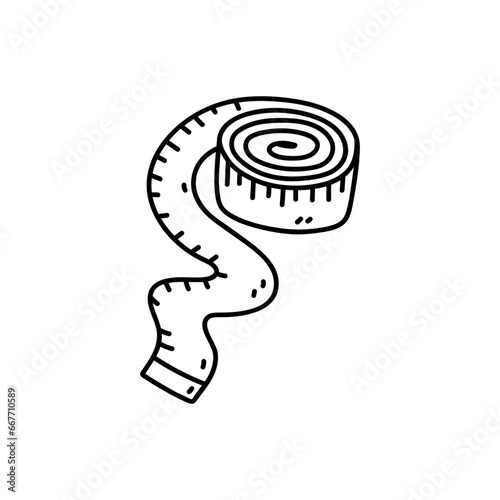 Rolled up measuring tape isolated on white background. Vector hand-drawn illustration in doodle style. Perfect for logo, decorations, various designs.