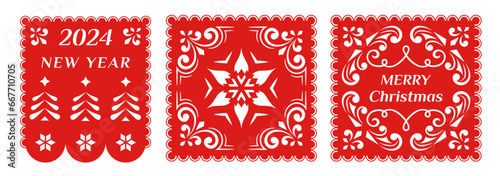 New Year, Merry Christmas, Feliz Navidad set of banners. Mexican Papel Picado garlands, holiday decorations. 
