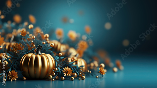 Thanksgiving Pumpkins with Fruits and Falling Leaves Copy Space Blury Blue Background Focus on Foreground © Image Lounge