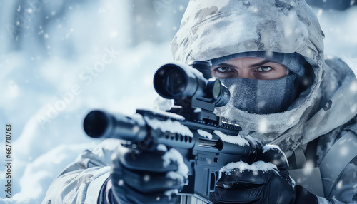 A sniper with a weapon sits in a winter forest photo
